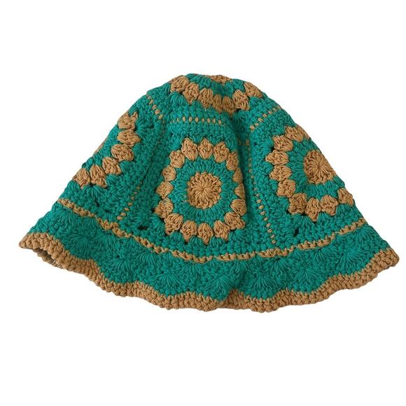 Handmade Crocheted Floral Scalloped Fisherman Hat Teal Brown Children Kids Size - Picture 2 of 4